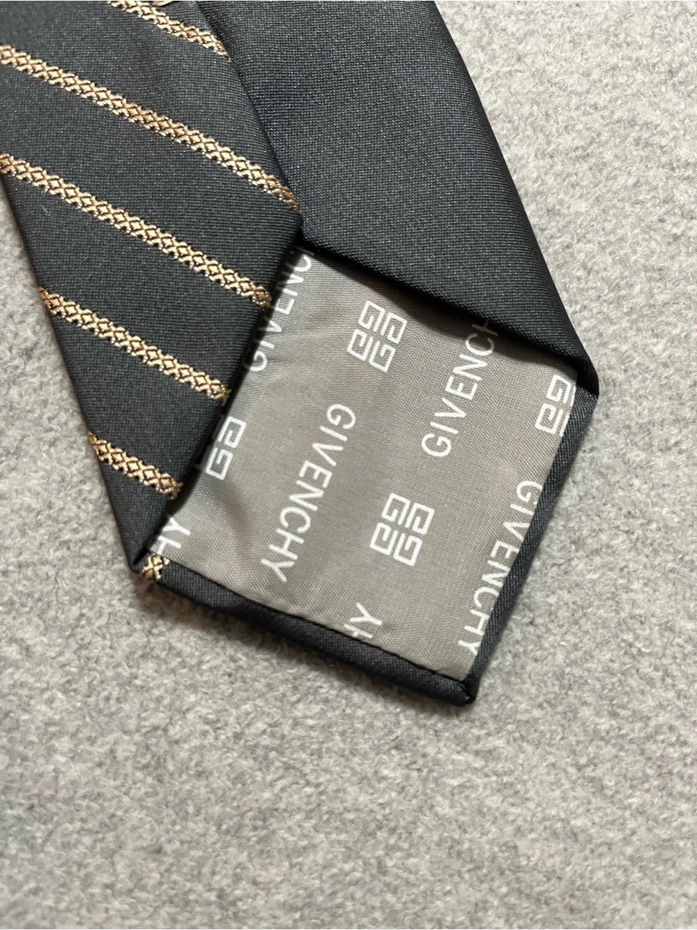 Vtg Givenchy Gray Tie with bronze woven Diagonal Stripes.